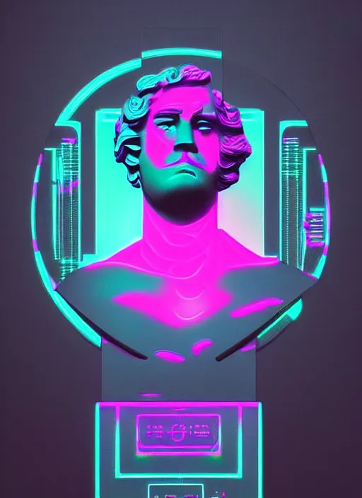 Image similar to bust of hercules, beeple, vaporwave, retrowave, black background, neon wiring, black, glitch, strong contrast, cuts, pinterest, trending on artstation
