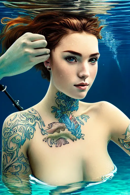 Prompt: underwater photography full body portrait of beautiful norwegian diver tattooed young hunter pincess swimming underwater, low angle, realistic, 4 k, high quality photography by terry o'neill intricate, elegant, highly detailed, smooth, sharp focus, by artgerm and greg rutkowski and alphonse mucha, 8 k