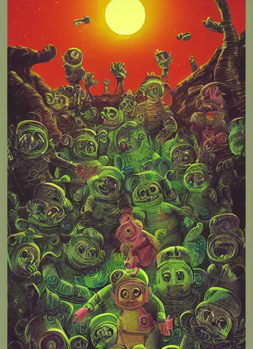 Image similar to disgusting teletubbies sci-fi horror movie poster, grotesque, scary, high details, intricately detailed, by vincent di fate, artgerm julie bell beeple, inking, 1990s, vintage 90s print, screen print