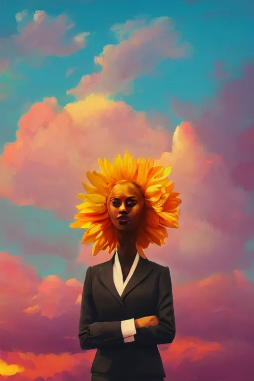 Prompt: closeup, a giant flower as head, black woman in suit, surreal photography, golden hour, colorful clouds, impressionist painting, digital painting, artstation, simon stalenhag