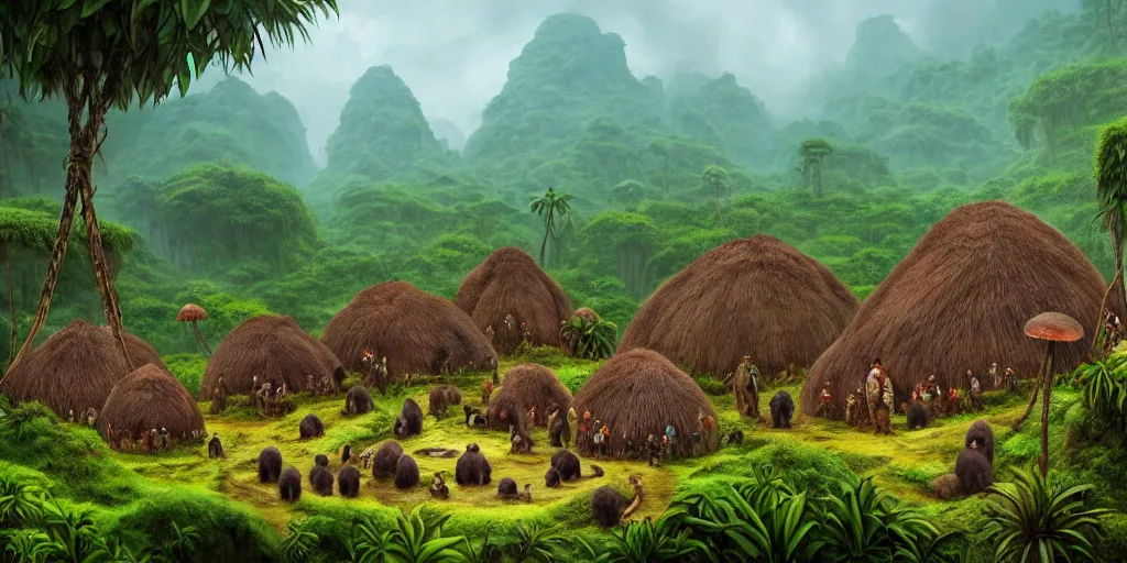 Prompt: a jungle village of alino gorillas and their mushroom huts, matte oil painting, retrofuturistic, science fantasy, salt, rust, mutant, lgbt, queer, rpg, epic, dungeons & dragons, sacred, sharp focus, award - winning, extremely detailed, 4 k, 8 k