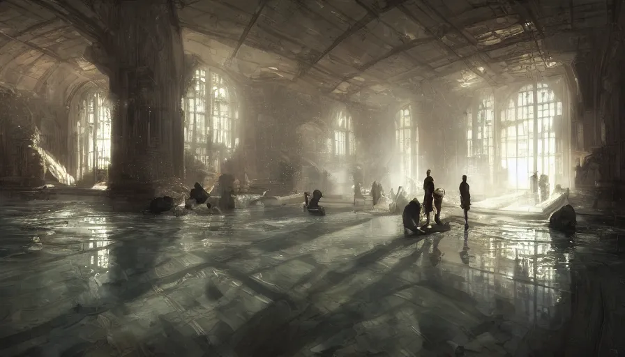 Image similar to bathhouse, light, shadows, reflections, epic composition, intricate, elegant, volumetric lighting, digital painting, highly detailed, artstation, sharp focus, illustration, concept art, ruan jia, wlop, artgerm, steve mccurry