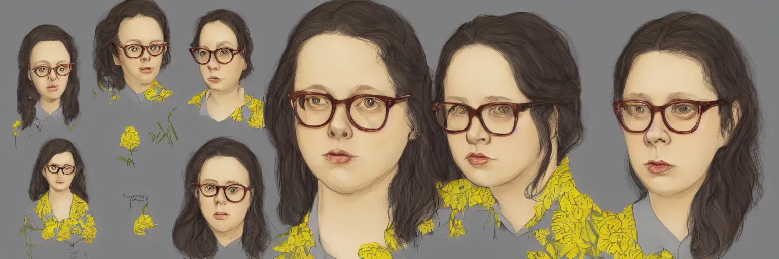 Prompt: colored female character study of cute young plus size todd solondz, lear sharp todd solondz face, wearing yellow floral blouse, glasses, character sheet, fine details, concept design, contrast, by charlie bowater, da vinci and pixar, trending on artstation, 8 k, full body and head, turnaround, front view, back view, ultra wide angle