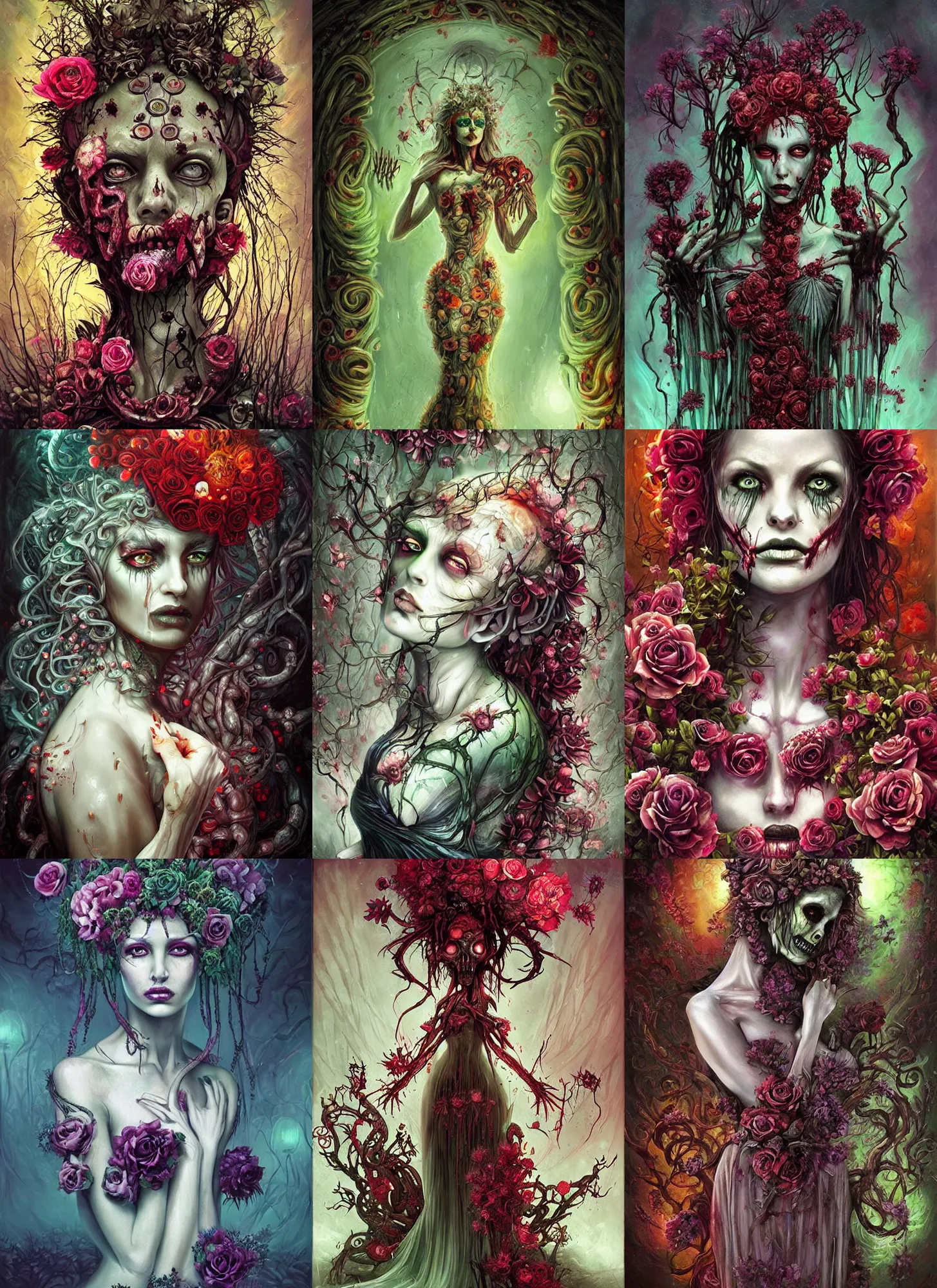 Prompt: elegant flowers, gorgeous greek goddess, beautiful zombie, necronom v painting by lise deharme and hr giger, lovecraft, vibrant color scheme
