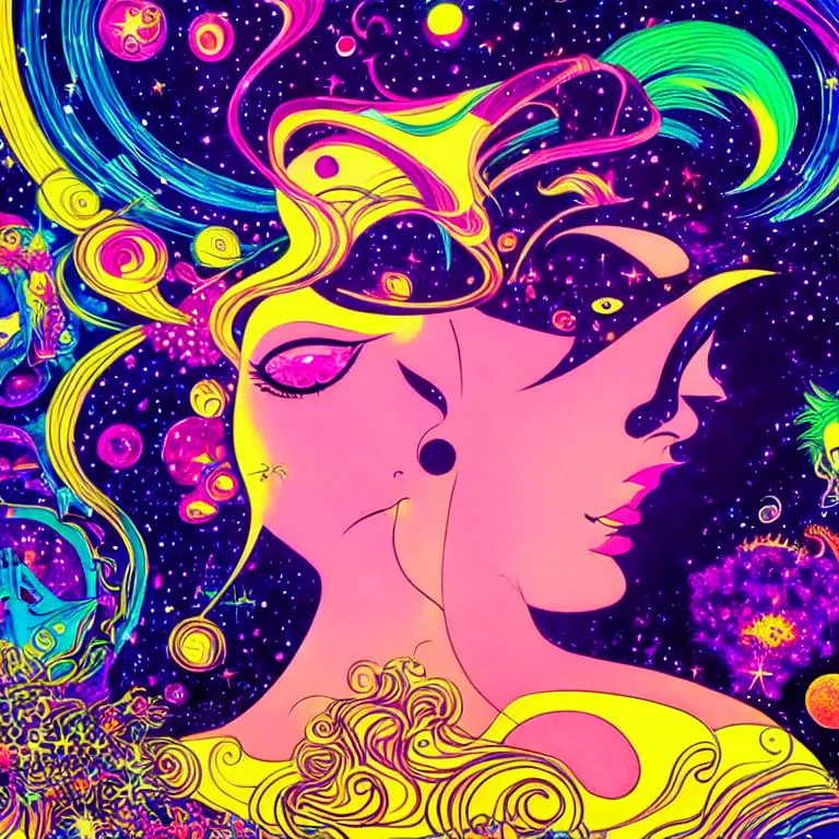 Image similar to cosmic girl surrounded by symbols, medium close - up, realistic face, psychedelic crystal background, bright neon colors, highly detailed, cinematic, eyvind earle, tim white, philippe druillet, roger dean, lisa frank, aubrey beardsley, hiroo isono