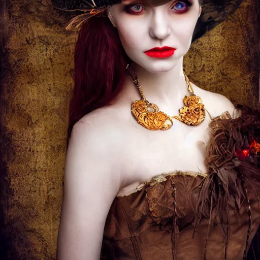 Image similar to A beautiful portrait of a lady vampire, steampunk, photography, 35mm, soft light, cinematic, klimt