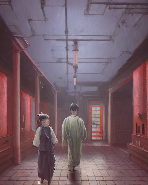 Image similar to a highly detailed epic cinematic concept art CG render digital painting artwork: Spirited away bathhouse . By Greg Rutkowski, in the style of Francis Bacon and Syd Mead and Norman Rockwell and Beksinski, open ceiling, highly detailed, painted by Francis Bacon and Edward Hopper, painted by James Gilleard, surrealism, airbrush, Ilya Kuvshinov, WLOP, Stanley Artgerm, very coherent, triadic color scheme, art by Takato Yamamoto and James Jean