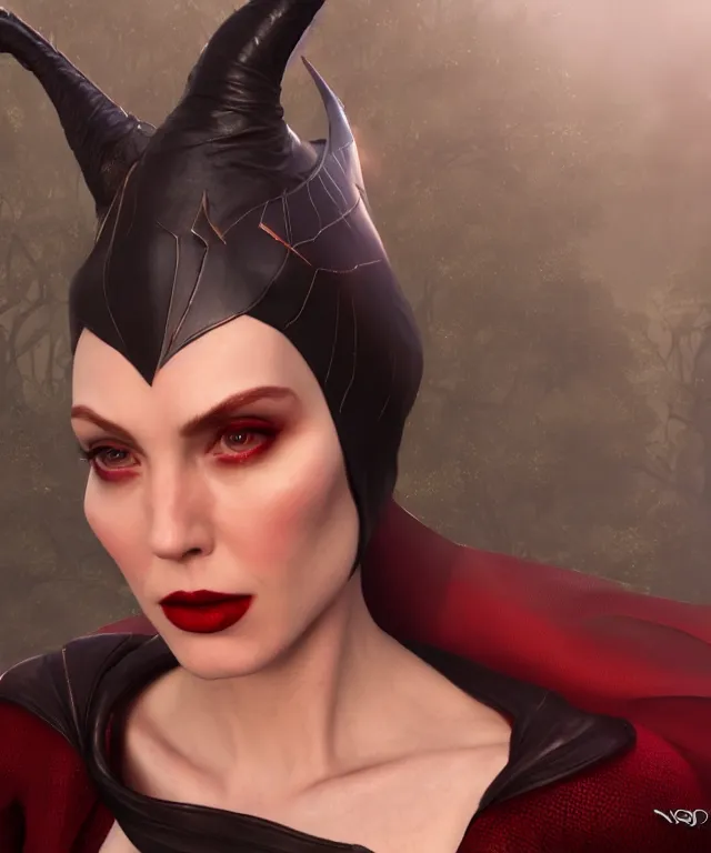 Image similar to scarlet witch as maleficent, nostalgia, very detailed texture, realistic shaded lighting, studio quality, digital art, dynamic background, unreal engine 5 rendered, octane rendered, pinnacle studio, naturel, trending on artstation, art style by nixeu and ian sprigger