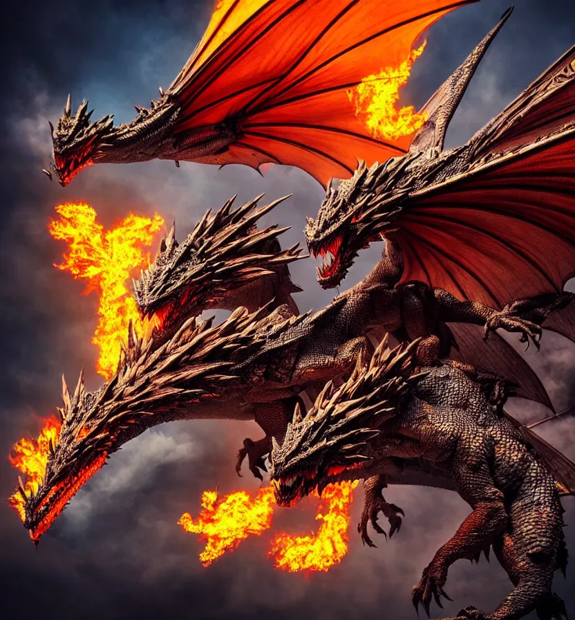 Image similar to a flying dragon with huge wings, scales, smoke, flames by monster hunter rise 8 k 3 d photoreal rich detail photography