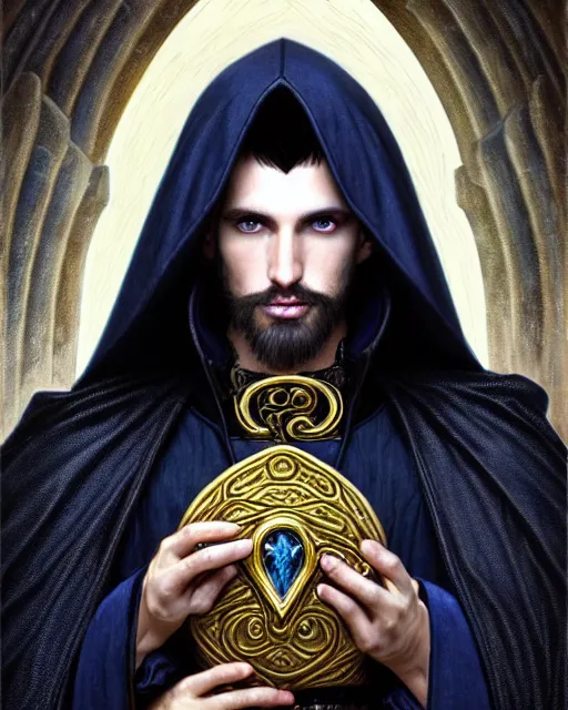 Prompt: handsome mage holding a tellurion!, long black hair blue eyes wearing leather mantle gothic navy cloak with gold details, castle town, fantasy character portrait, ultra realistic, intricate, elegant, highly detailed, digital painting, artstaion, smooth, sharp, focus, illustration, art by artgerm and greg rutkowski and alphonse mucha