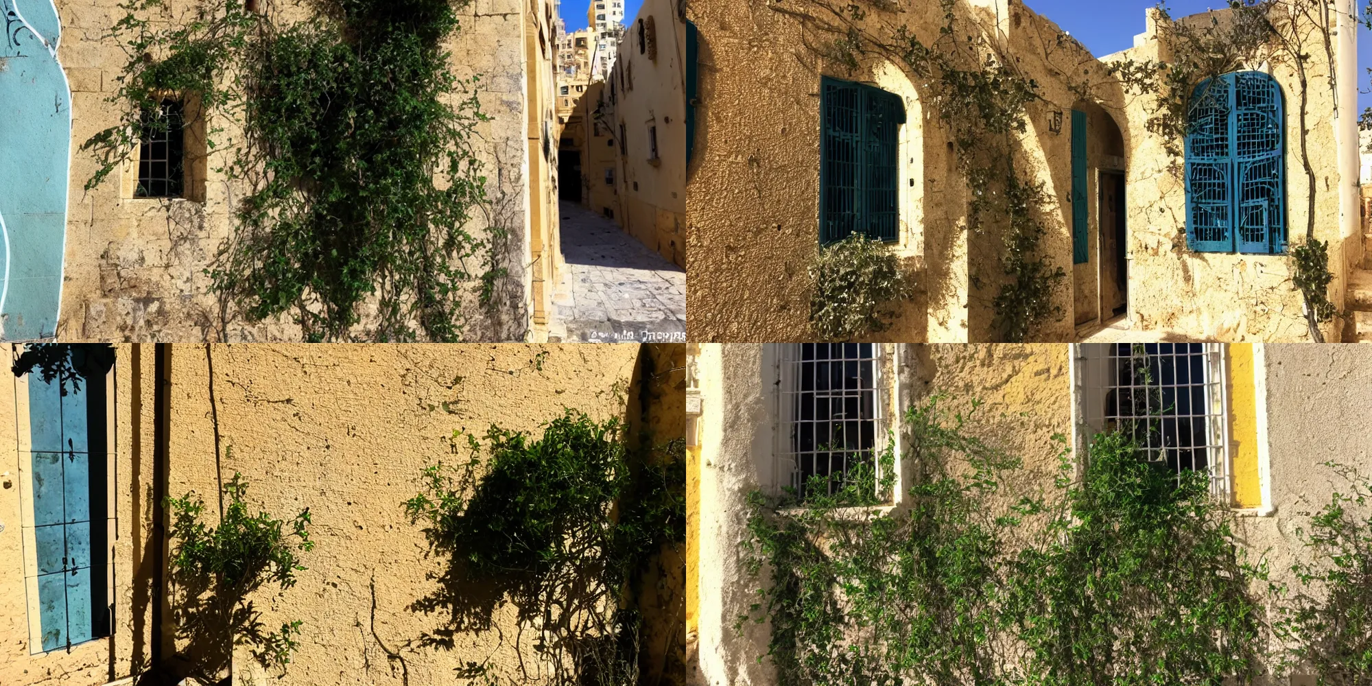 Prompt: old jaffa overgrown sunny day contrast shadows