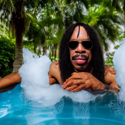 Image similar to rick james emerging from a pool of cocaine ( sony a 7 r iv, symmetric balance, polarizing filter, photolab, lightroom, 4 k, dolby vision, photography awardm, voque, perfect face )