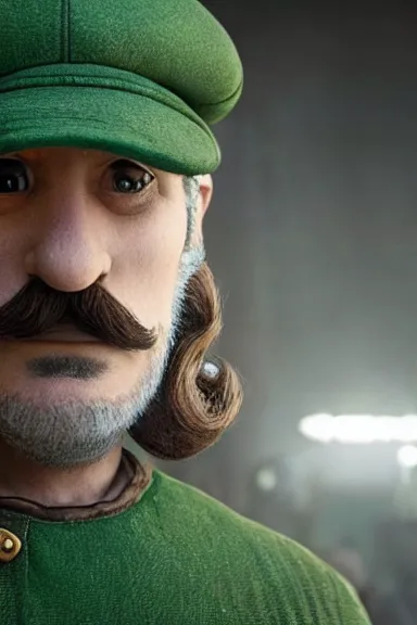 Image similar to very very intricate photorealistic photo of a realistic human version of luigi wearing his hat in an episode of game of thrones, photo is in focus with detailed atmospheric lighting, award - winning details