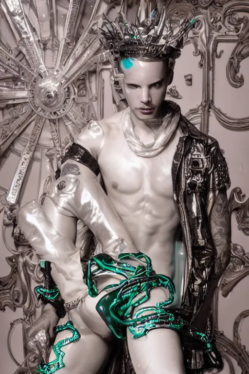 Image similar to full-body rococo and cyberpunk style neon statue of a muscular attractive J Balvin macho dotado e rico android sim roupa reclining con las piernas abertas e la piroca dura, glowing white lasers, glowing eyes, silver prince crown, silver steampunk gears, white diamonds, swirling mint-colored silk fabric. futuristic elements. ethereal white dripping tar. full-length view. space robots. human skulls. large white balloon animals. intricate artwork by caravaggio. Trending on artstation, octane render, cinematic lighting from the right, hyper realism, octane render, 8k, depth of field, 3D