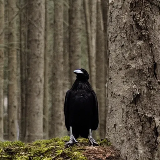 Image similar to humanoid crow, werecreature, photograph captured in a forest