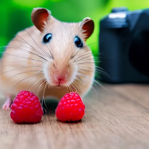 Prompt: cute hamster offering a raspberry to the photo lense, macro photography, wide angle lens, blurred background