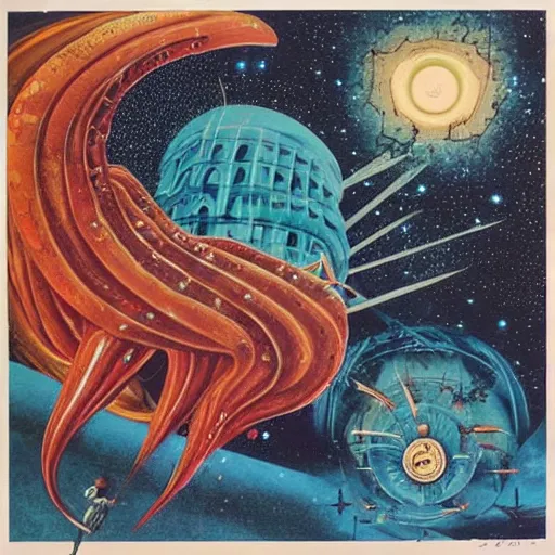 Prompt: cosmic eldritch space squid consuming a city on neptun, epic surrealism, elegant, dreadful cut out collage, 1974