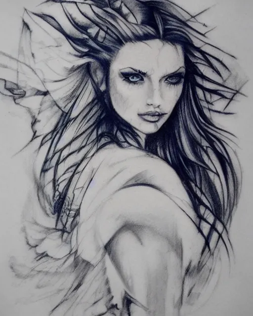 Image similar to tattoo design sketch of a beautiful blue - eyed woman face with a faded background of beautiful mountains on her side, hyper - realistic, in the style of den yakovlev, amazing detail, black and white