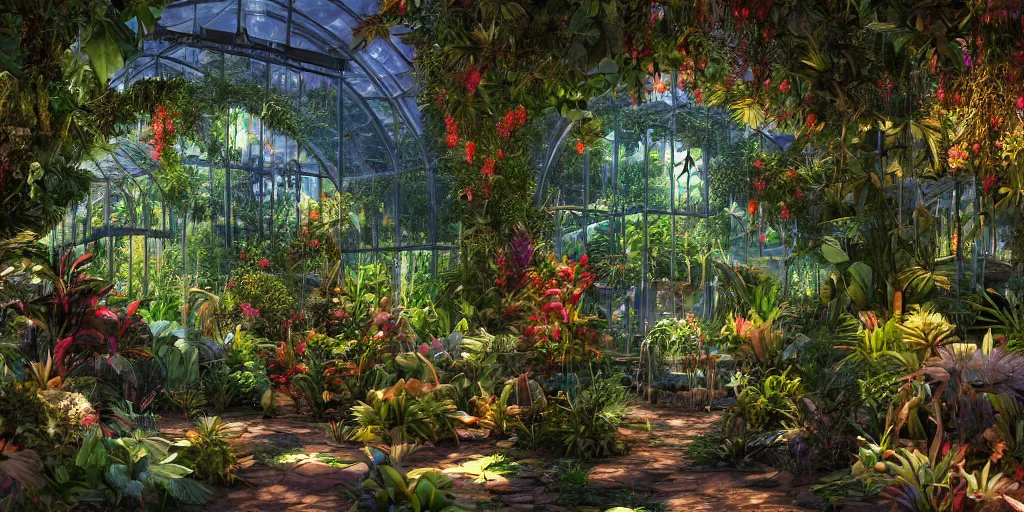 Prompt: tropical greenhouse garden with colored glass cover, outside of time and space, magnificent, gorgeous, birds, flowers, fairy tale, evening lights, highly detailed, low angle view, artstation, mysterious, comfort, in the style of aetherpunk, 8 k