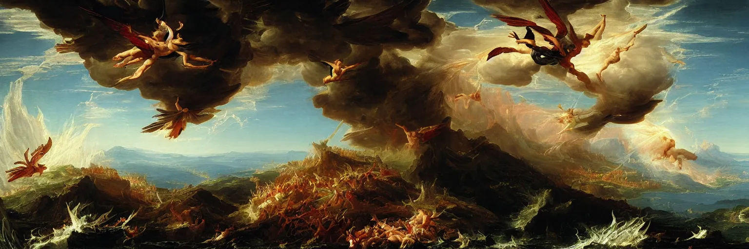 Prompt: an epic thomas cole naturalist style painting of icarus crashing and burning his chariot