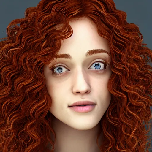 Image similar to curly ginger hair Emmy Rossum, realistic, photo studio, HDR, 8k, trending on artstation