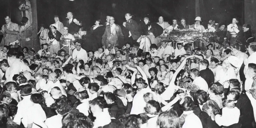 Image similar to black and white photo from the 1 9 2 0's of a pie eating contest with monster contestents making a horrible mess at the county fair