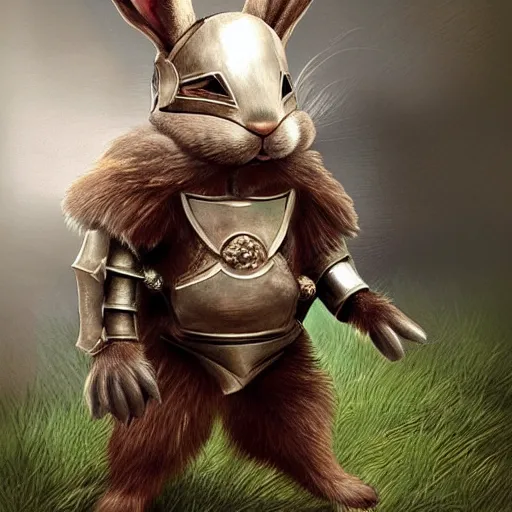 Image similar to hyper realistic bunny in shining knight armor.