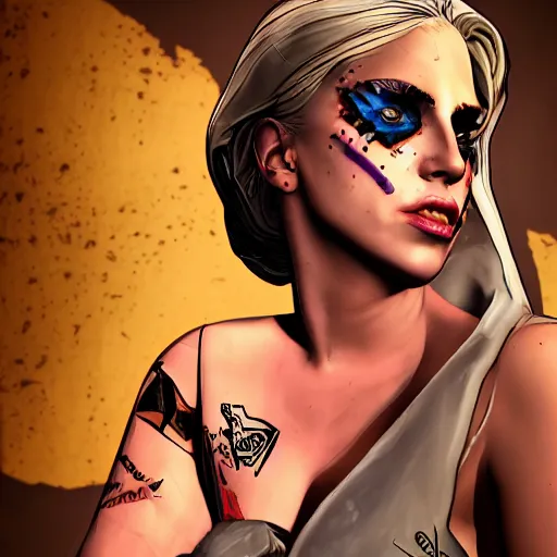 Image similar to lady gaga portrait, borderlands, tales from the borderlands, the wolf among us, comic, cinematic lighting, studio quality, 8 k