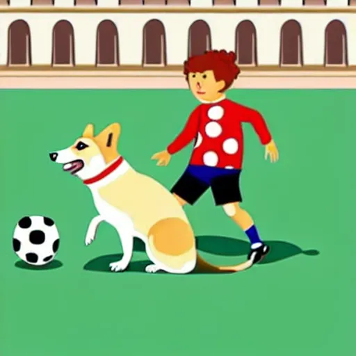 Image similar to illustration of french boy in paris playing football against a corgi, the corgi is wearing a polka dot scarf