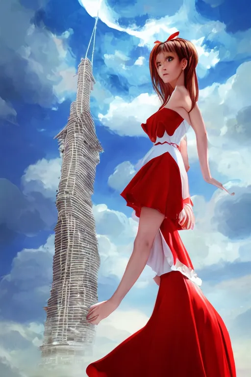 Prompt: the beautiful white frilled red dress girl standing in the hyper big and tall tower, looking at the camera, seductive pose, low angle, highly detailed, digital painting, artstation, concept art, smooth, sharp focus, illustration, Unreal Engine 5, 8K, art by Hiroaki Samura and Jiro Matsumoto