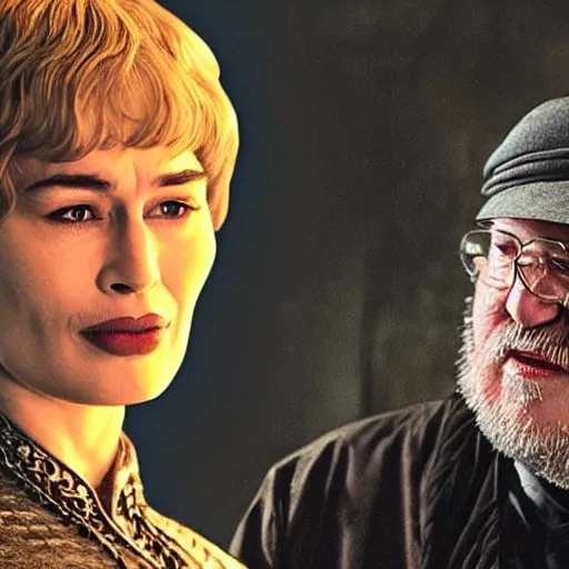 Image similar to george r r martin is inhaling smoke from cersei lannisters mouth, it is like a soul is leaving her mouth into his mouth, dramatic lighting, close up