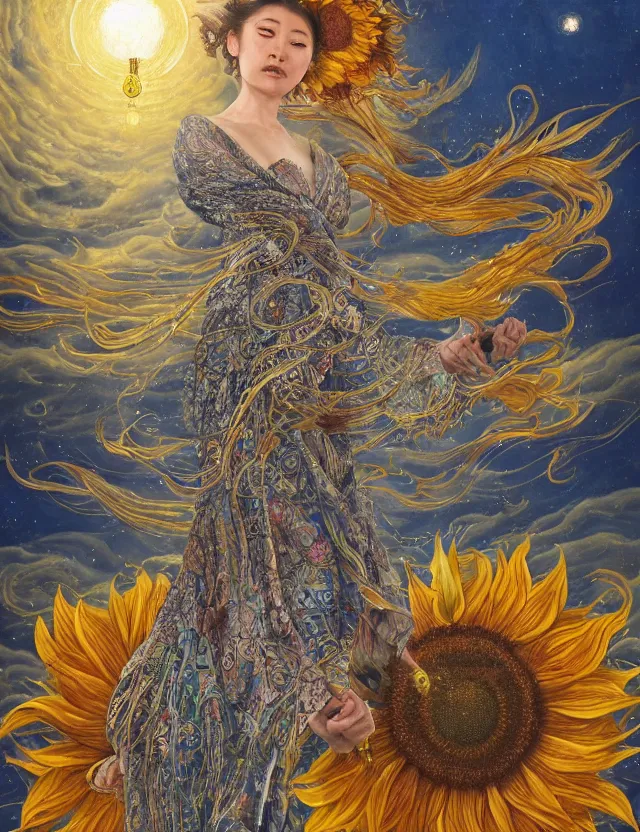 Image similar to a china cat sunflower walking proudly jingling in the midnight sun with a bodhi that drips a silver kimono Like a crazy quilt star gown through a dream night wind, intricate and complexly detailed wet oil painting, by Karol Bak and Tony Diterlizzi, influenced by Artgerm, golden hour scene, center perspective, multi-dimensional, 8k, octane rendering,
