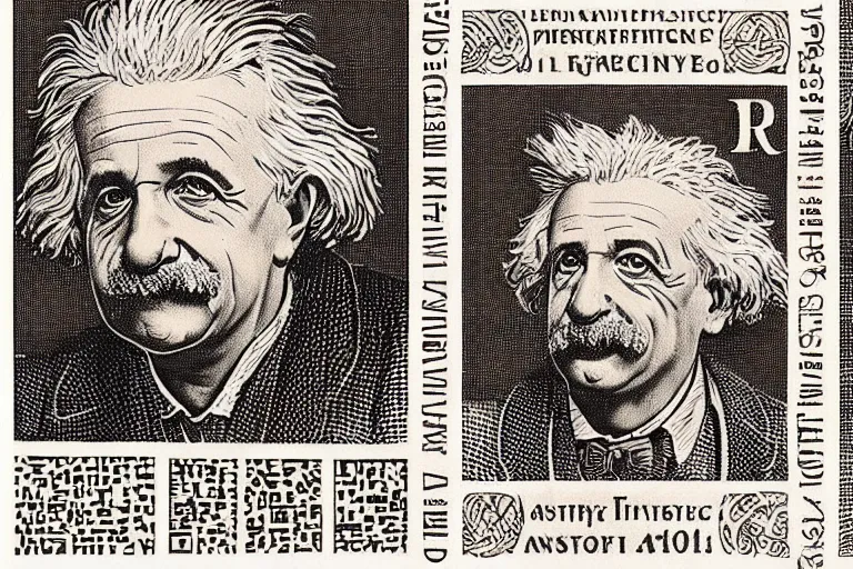 Image similar to an engraved portrait of albert einstein surrounded by intricate equations of theory of relativity, detailed!!! copper - plate engraving in the style of a postage stamp, freemason symbol, fine!!! lines, engraved by alfred sealey, bureau of engraving and printing