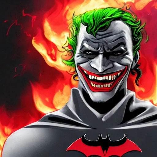 Image similar to batman putting the joker on fire, trending on artstation, hiroaki tsutsumi style