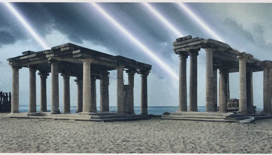 Image similar to A 1985 vintage magazine architecture photo of a beach doric temple, mediterranean architecture, refracted lines and sparkles, thunderstorm outside, beach on the background major arcana sky and occult symbols, hyperrealistic, award-winning, 1985