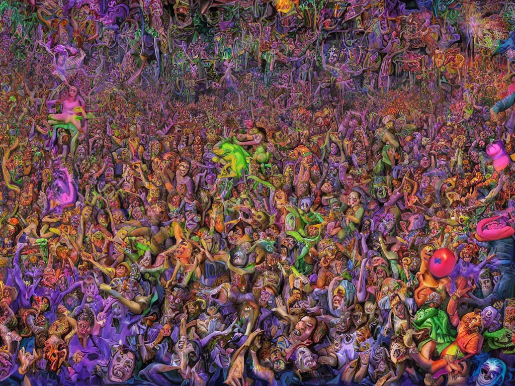 Image similar to digital painting rave party in hell by Chor Boogie, intricate details, ultra detailed, 4K, award-winning, touch of M. C. Escher and Salvador Dali