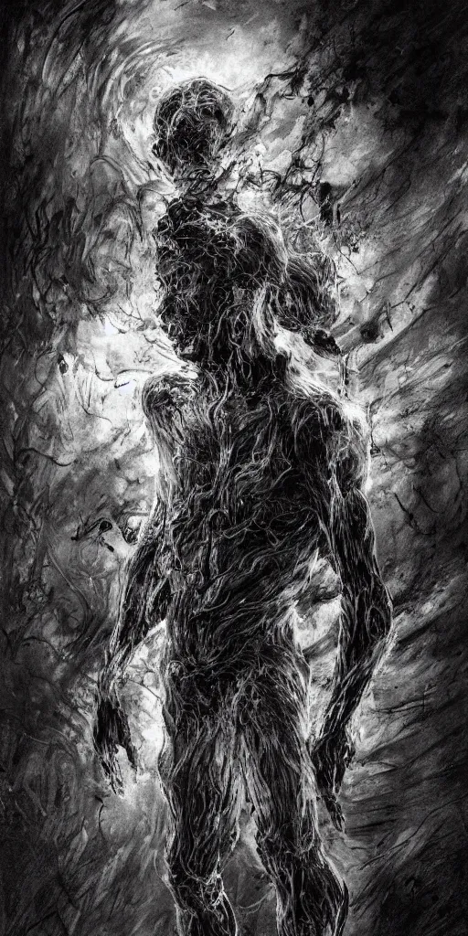 Image similar to concept art of a man with his body covered in burns, with black smoke coming out of his hands, full body, dark colors, sinister atmosphere, dramatic lighting, cinematic, establishing shot, extremely high detail, photo realistic, cinematic lighting, pen and ink, intricate line drawings, by Yoshitaka Amano, Ruan Jia, Kentaro Miura, Artgerm, post processed, concept art, artstation, matte painting, style by eddie mendoza, raphael lacoste, alex ross,