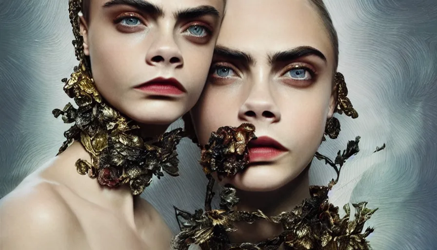 Image similar to cara delevingne wearing epic haute couture by Alexander McQueen, extremely beautiful and proportionate face, in the aesthetic of mert and marcus, masterpiece, intricate, elegant wardrobe, highly detailed, digital painting, artstation, concept art, smooth, sharp focus, illustration, art by artgerm and james jean and greg rutkowski and alphonse mucha