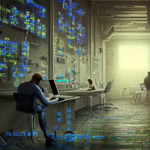 Prompt: “A beautiful hyper-realistic detailed digital concept art painting of a flowchart hacker hacker broadband playitforward/biocaps lock K2 Graniteprogrammer, facility, dynamic lighting, midnight, by Greg Rutkowski, Thomas Kinkade, Andreas Rocha,high resolution, 4K, 16K, 8K, HD, detail, good focus, F16, quality”