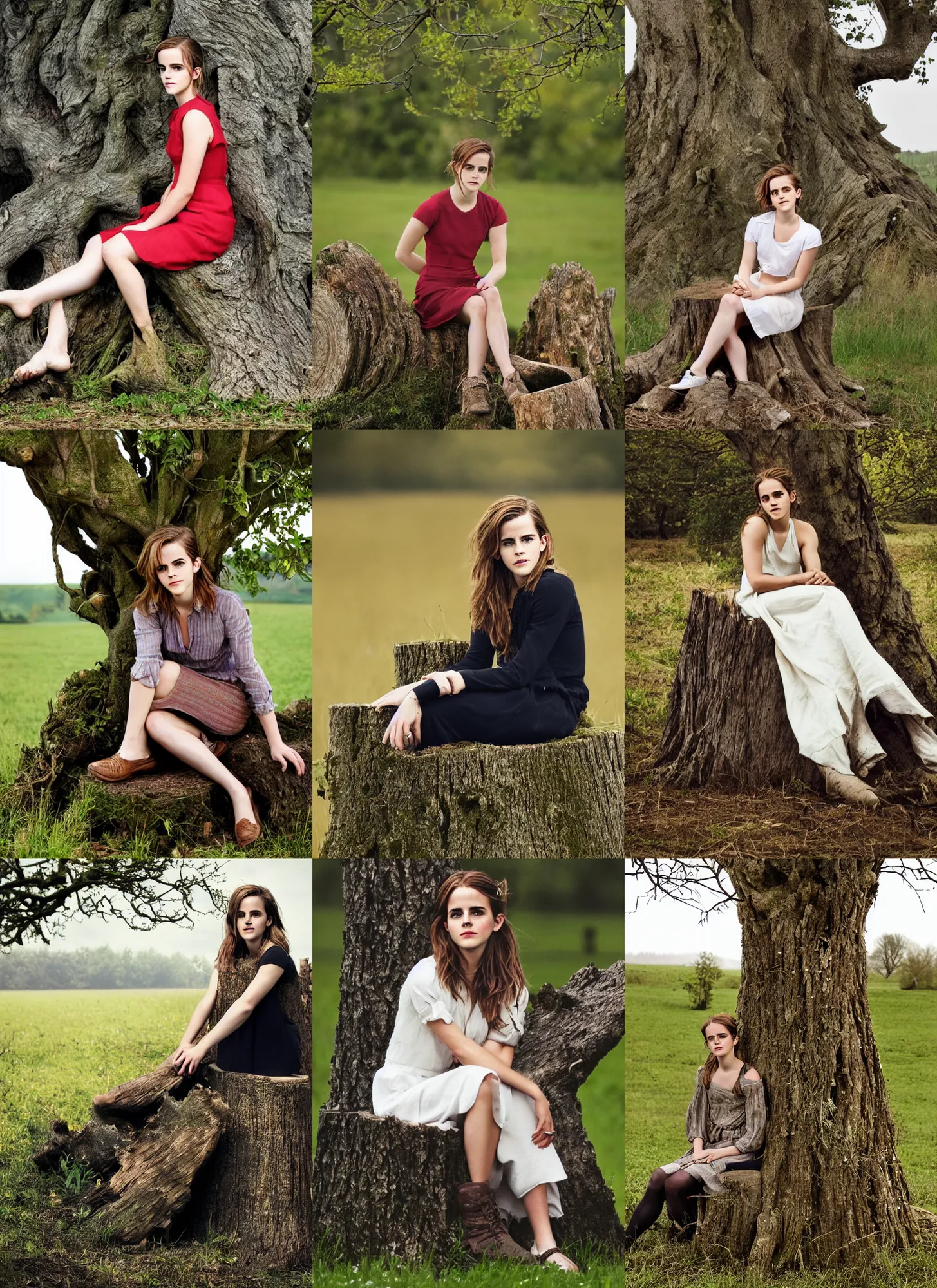 Prompt: portrait of emma watson sitting on a tree stump in a field