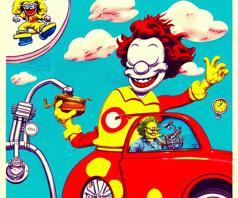 Prompt: cute and funny, ronald mcdonald, wearing a helmet, driving a hotrod, oversized enginee, ratfink style by ed roth, roth's drag nut fuel, centered award winning watercolor pen illustration, isometric illustration by chihiro iwasaki, the artwork of r. crumb and his cheap suit, cult - classic - comic,