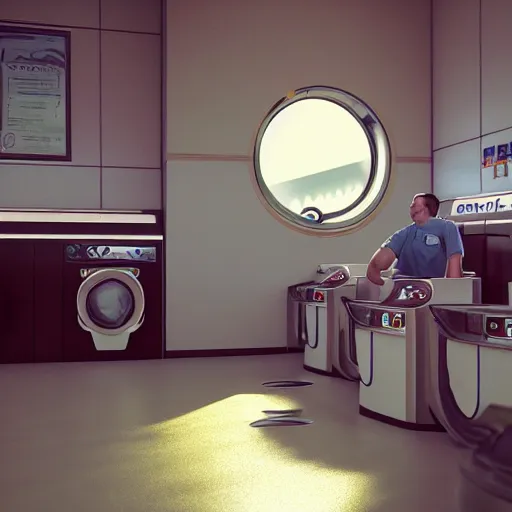 Image similar to a beautiful photo of an astronaut waiting in a laundromat, soft light, morning light, photorealistic, realistic, octane, 8k, cinematic shot