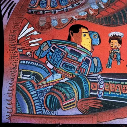 Prompt: mayan mural of dan akroyd piloting a ufo, national geographic, history channel