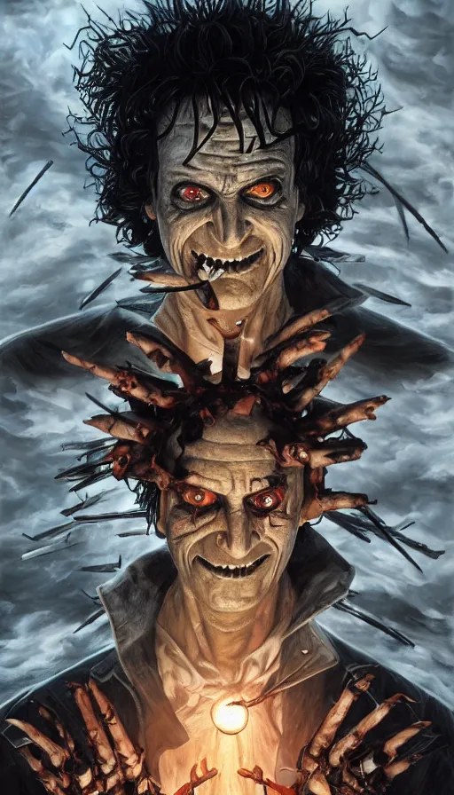 Image similar to the final battle between freddy krueger and edward scissorhands, wrath, revenge, anger, rage, lacerations, intricate, highly detailed, digital painting, artstation, symmetrical, concept art, smooth, sharp focus, illustration, unreal engine 5, 8 k, art by artgerm and greg rutkowski and alphonse mucha