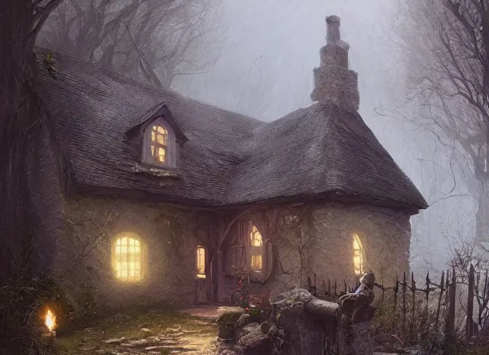 Prompt: The cottage of a witch, a fantasy digital painting by Greg Rutkowski and James Gurney, trending on Artstation, highly detailed