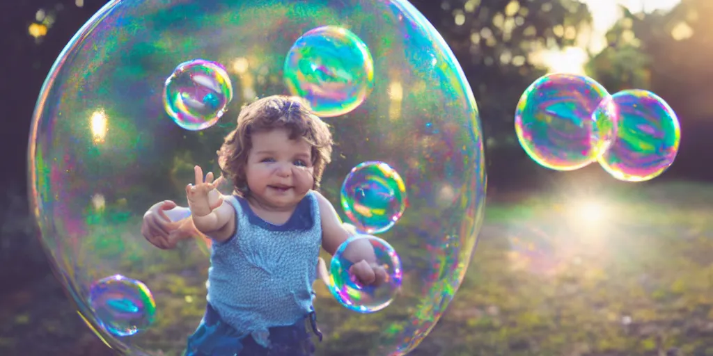 Prompt: an adorable human infant stuck inside of a giant iridescent floating soap bubble, bokeh, golden hour, back yard, golden hour