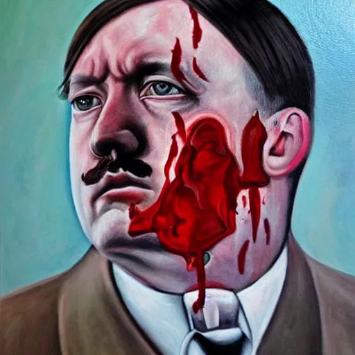 Image similar to a beautiful complex painting of adolf hitler with a bloody face face view