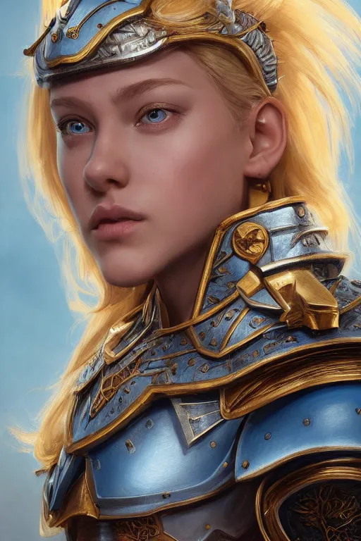 Image similar to highly detailed full body portrait painting of a proud young female knight in the style of Warhammer Fantasy by Artgerm and Arian Mark, medium length blonde hair, blue eyes, golden earrings, no helmet, low angle shot, highly detailed, trending on artstation, cgsociety, 4k, 8k, HDR, octane render, unreal engine