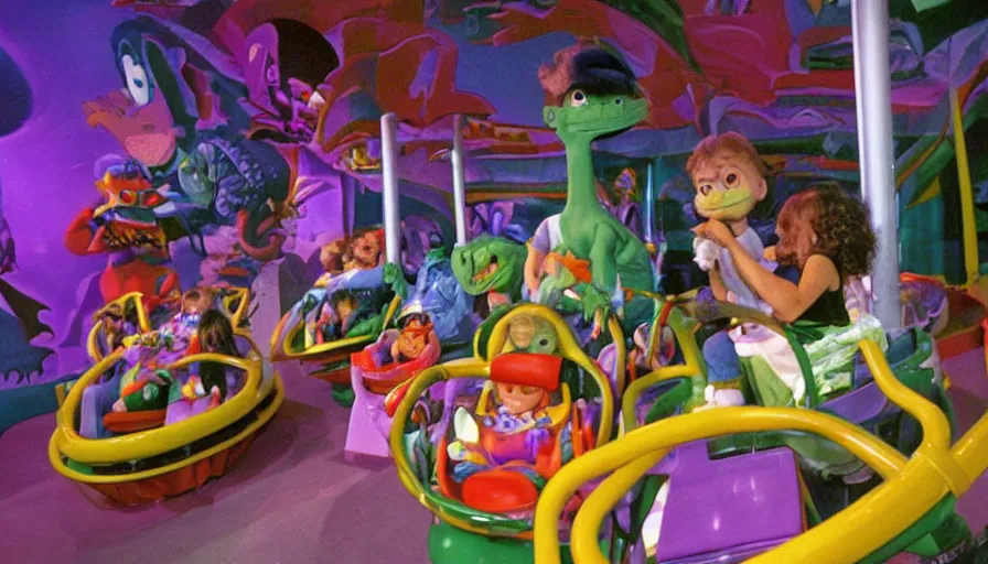 Image similar to 1990s photo of inside the Rugrats show ride at Universal Studios in Orlando, Florida, children riding in baby walkers battling Reptar, cinematic, UHD