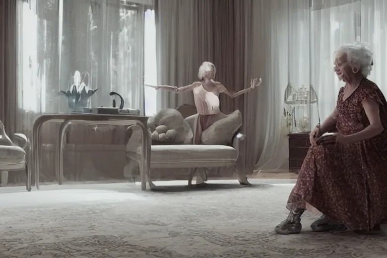 Image similar to VFX movie of old woman dancing with futuristic robot in a decadent living room by Emmanuel Lubezki